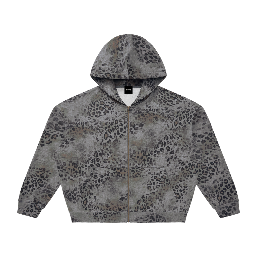 RICALALA Unisex Vintage Wash Leopard Full Zip Hoodie